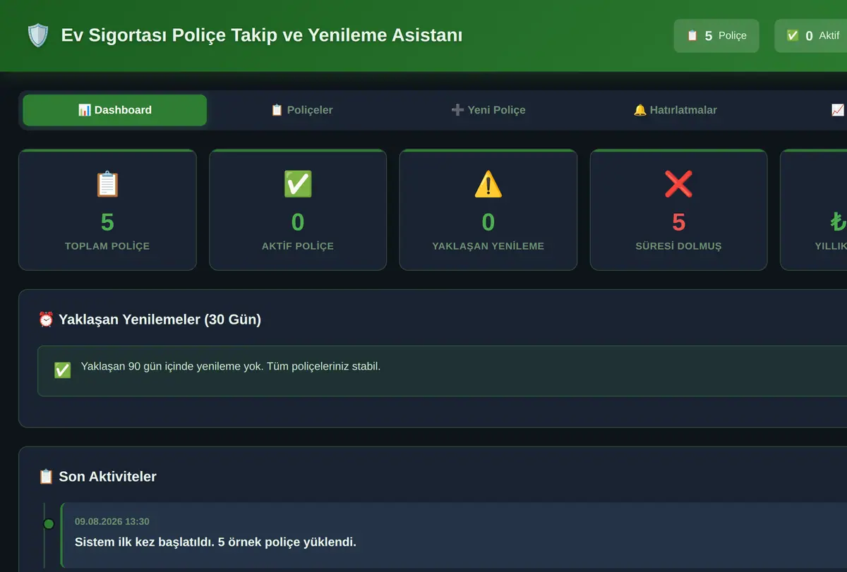 Ev Sigortası Poliçe Takip ve Yenileme Asistanı ekran görüntüsü