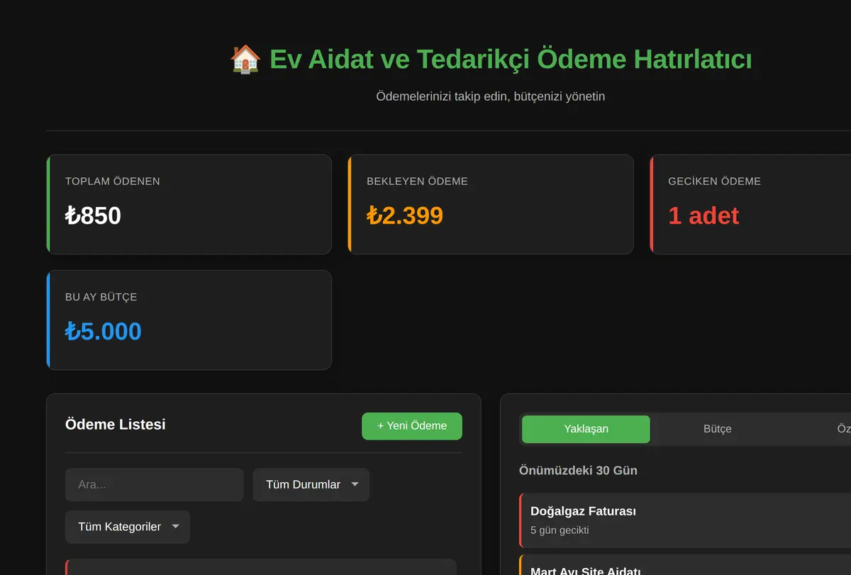 Ev Aidat ve Tedarikçi Ödeme Hatırlatıcı ekran görüntüsü