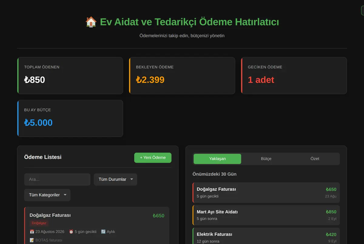 Ev Aidat ve Tedarikçi Ödeme Hatırlatıcı ekran görüntüsü 2
