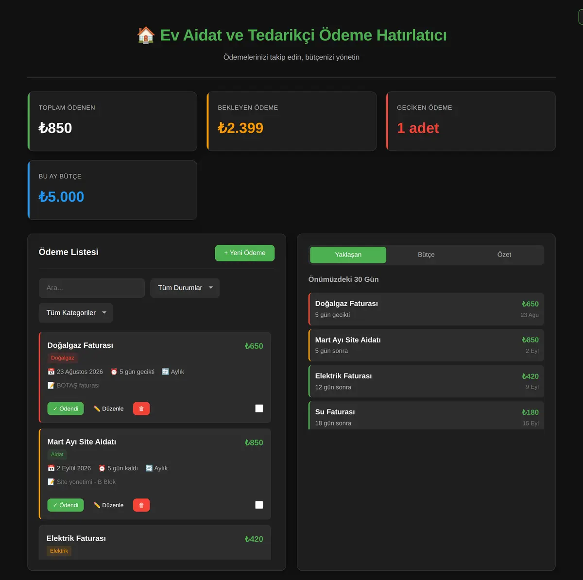 Ev Aidat ve Tedarikçi Ödeme Hatırlatıcı ekran görüntüsü 3
