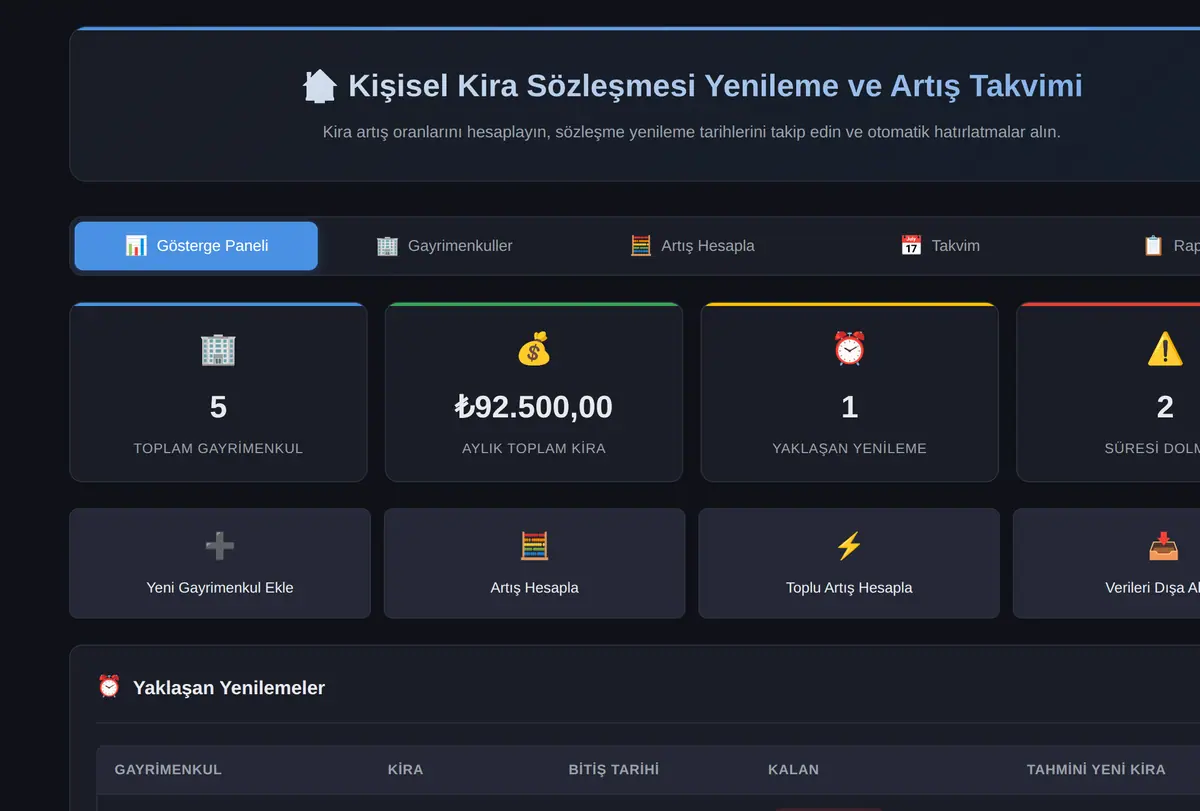 Kişisel Kira Sözleşmesi Yenileme ve Artış Takvimi ekran görüntüsü