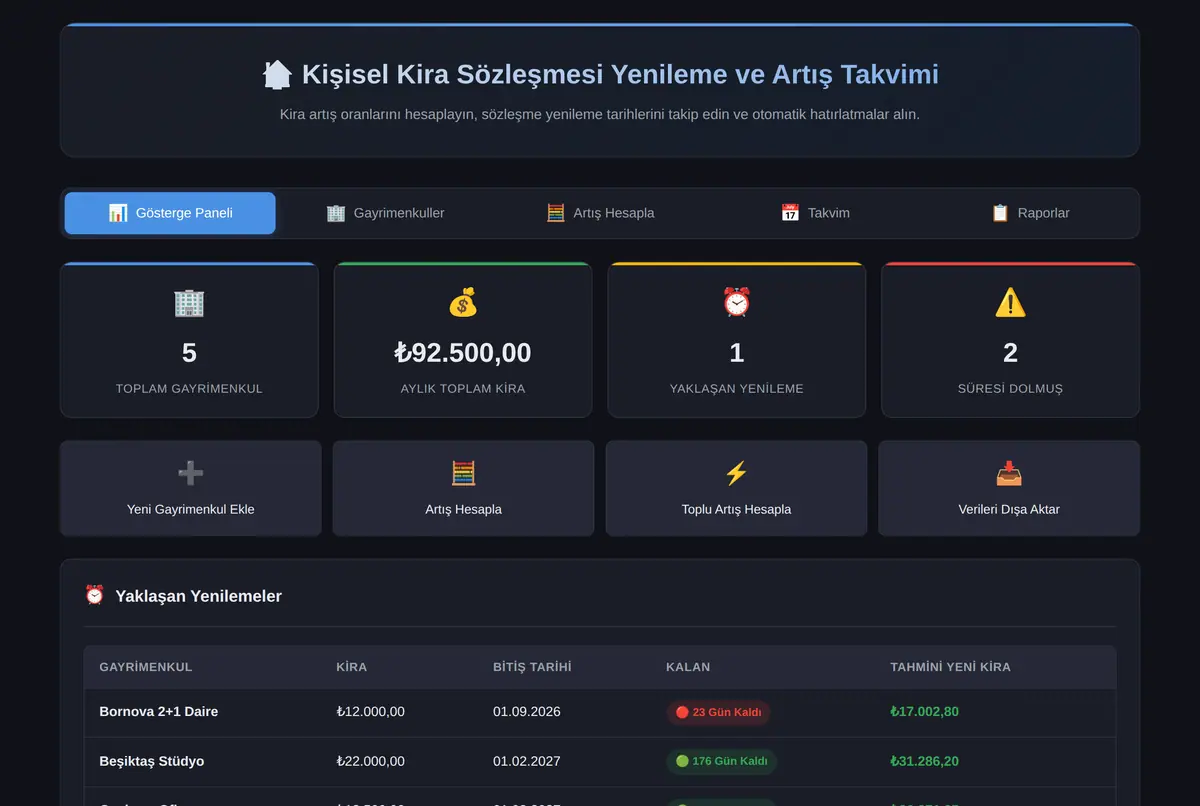 Kişisel Kira Sözleşmesi Yenileme ve Artış Takvimi ekran görüntüsü 2