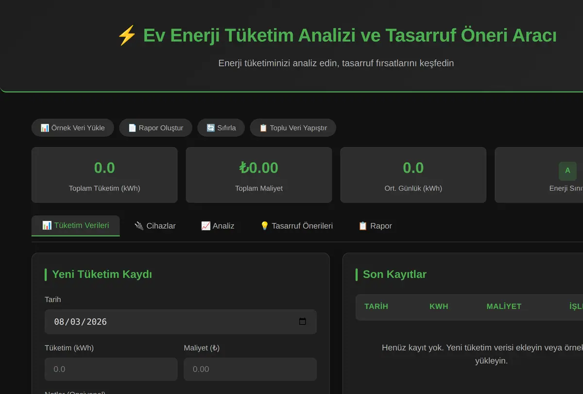 Ev Enerji Tüketim Analizi ve Tasarruf Öneri Aracı ekran görüntüsü