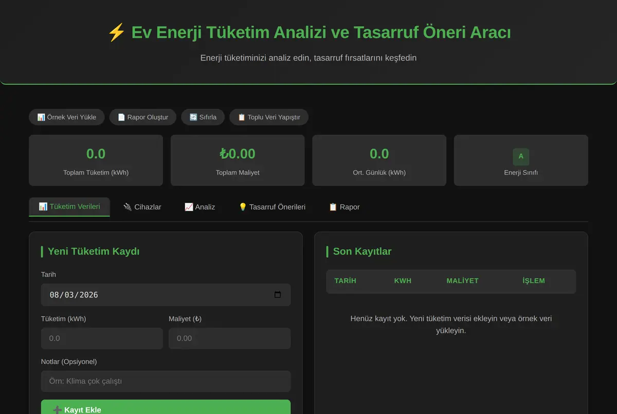 Ev Enerji Tüketim Analizi ve Tasarruf Öneri Aracı ekran görüntüsü 2