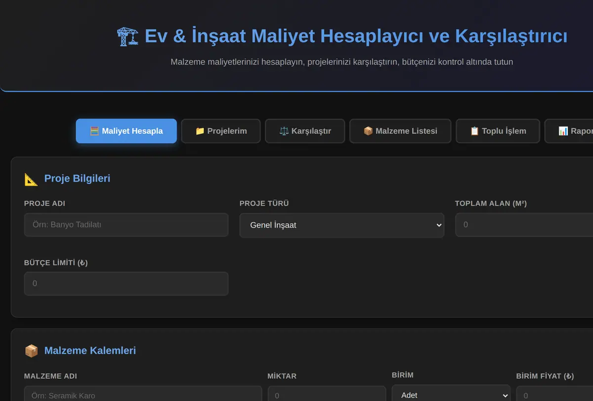 Ev & İnşaat Maliyet Hesaplayıcı ve Karşılaştırıcı ekran görüntüsü