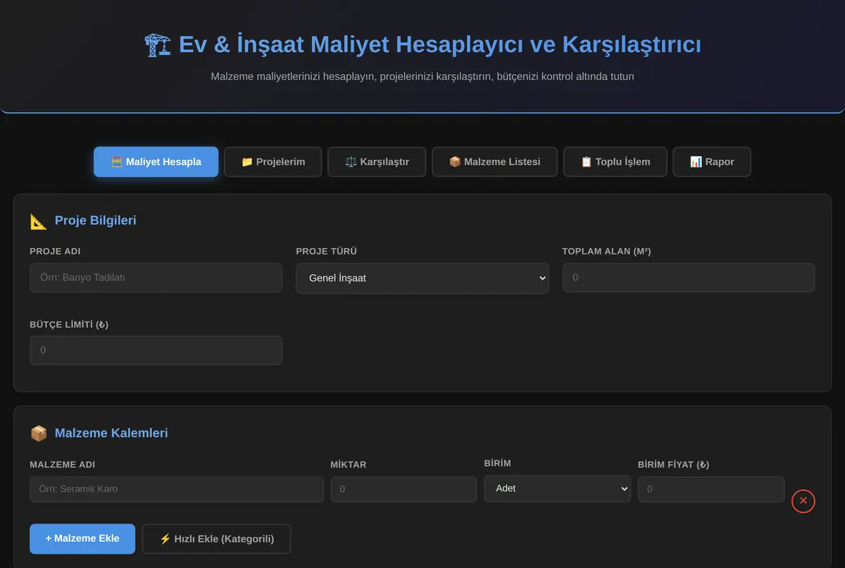 Ev & İnşaat Maliyet Hesaplayıcı ve Karşılaştırıcı ekran görüntüsü 2