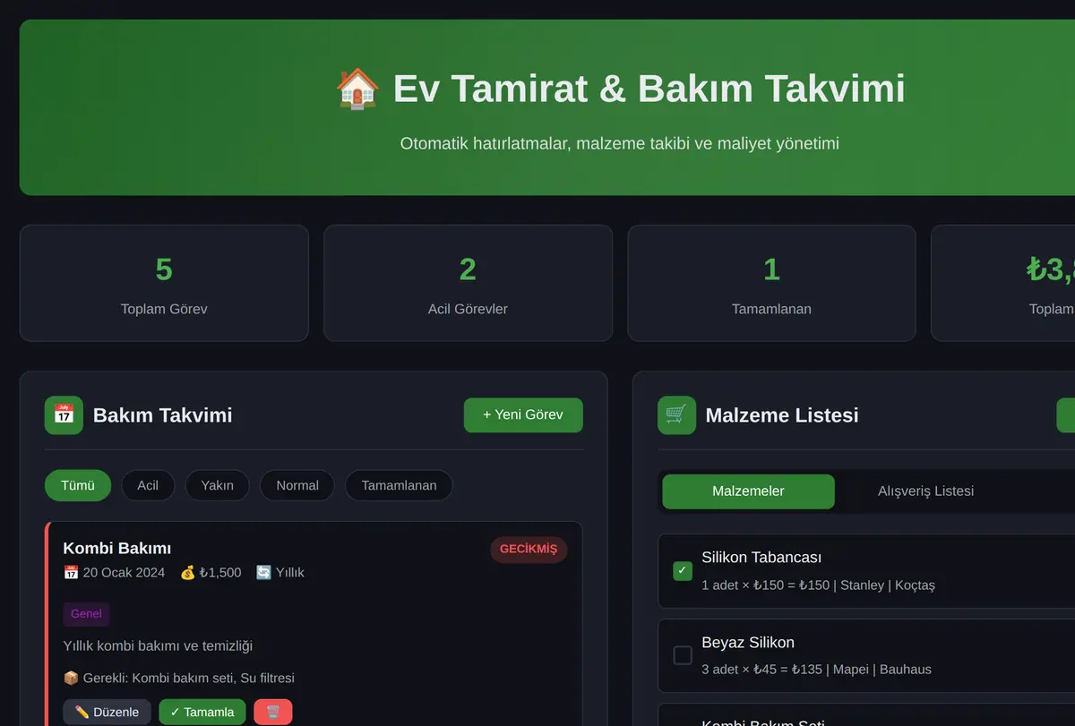 Ev Tamirat & Bakım Takvimi ekran görüntüsü