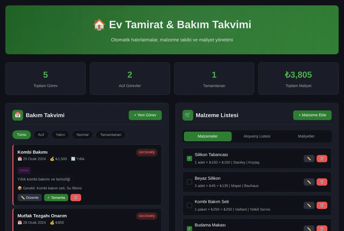 Ev Tamirat & Bakım Takvimi ekran görüntüsü 2