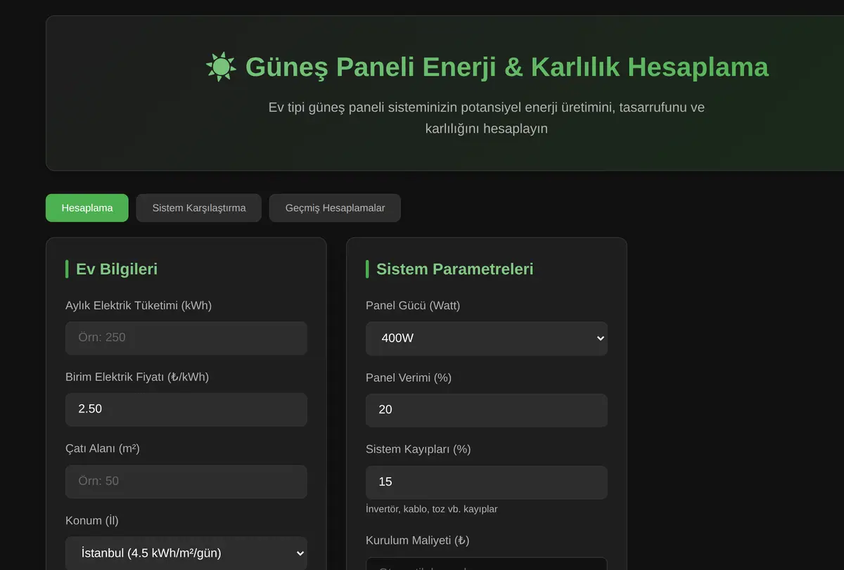 Güneş Paneli Enerji & Karlılık Hesaplama Aracı ekran görüntüsü
