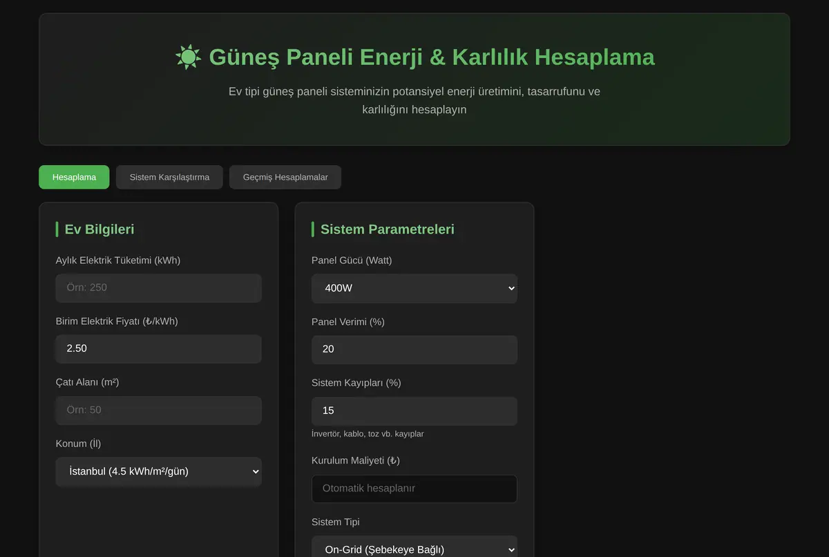 Güneş Paneli Enerji & Karlılık Hesaplama Aracı ekran görüntüsü 2