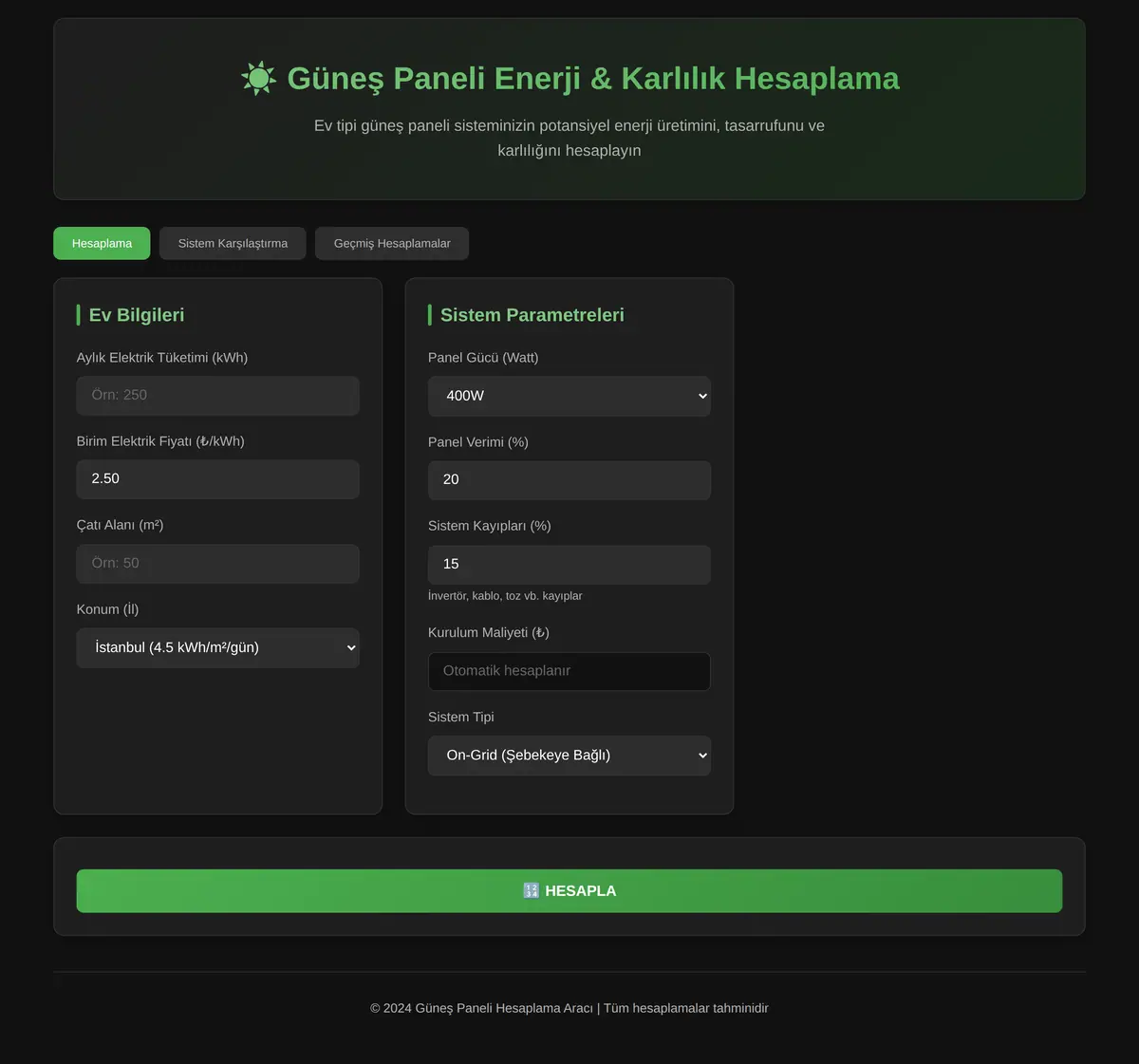 Güneş Paneli Enerji & Karlılık Hesaplama Aracı ekran görüntüsü 3