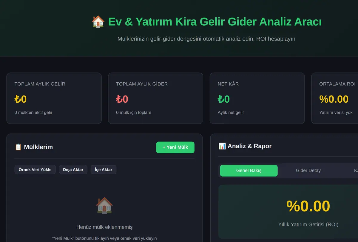 Ev & Yatırım Kira Gelir Gider Analiz Aracı ekran görüntüsü