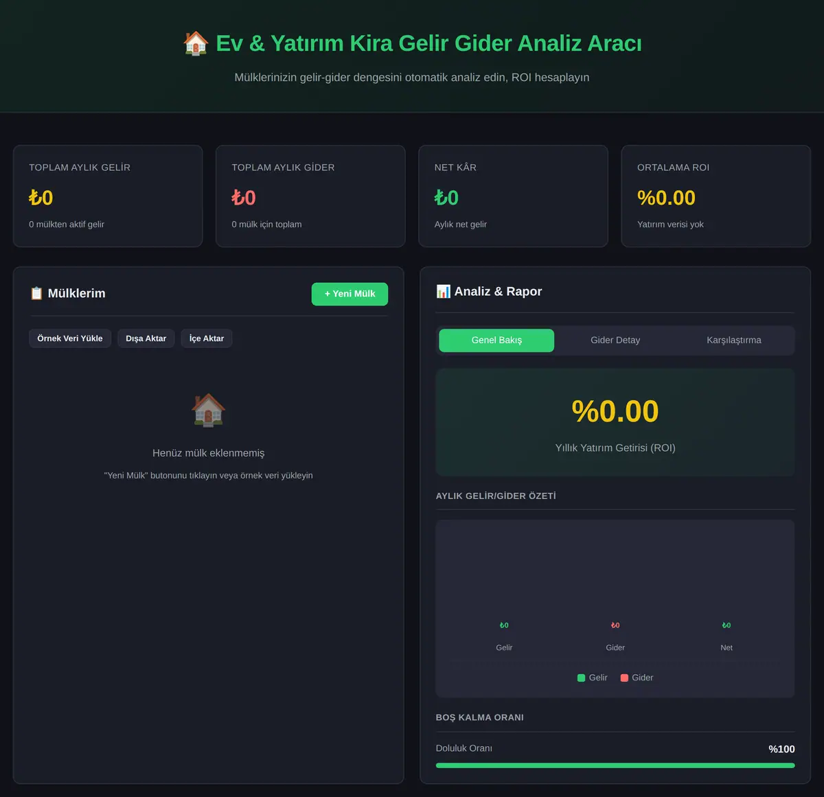 Ev & Yatırım Kira Gelir Gider Analiz Aracı ekran görüntüsü 3