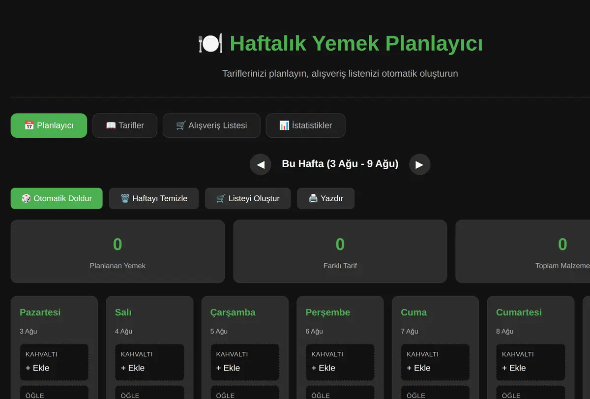 Haftalık Yemek Planlayıcı ve Alışveriş Listesi ekran görüntüsü