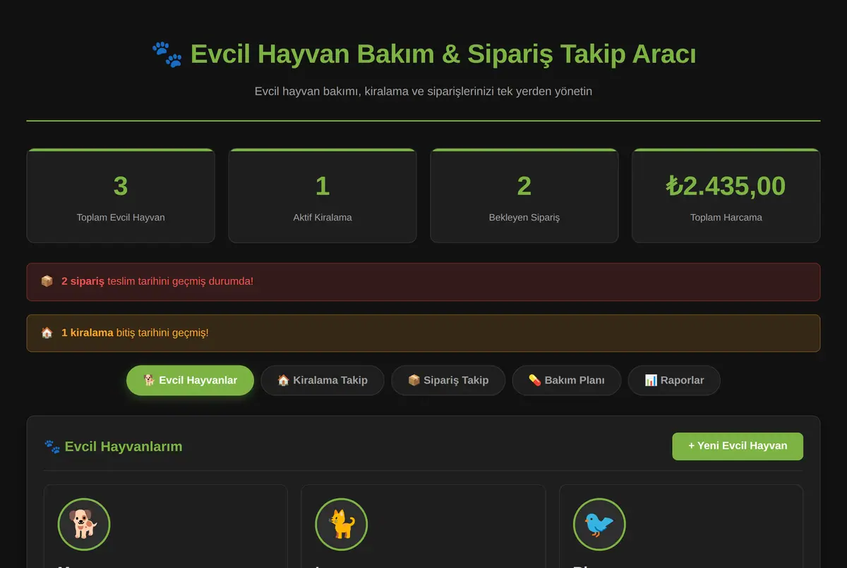 Evcil Hayvan Bakım & Sipariş Takip Aracı ekran görüntüsü 2
