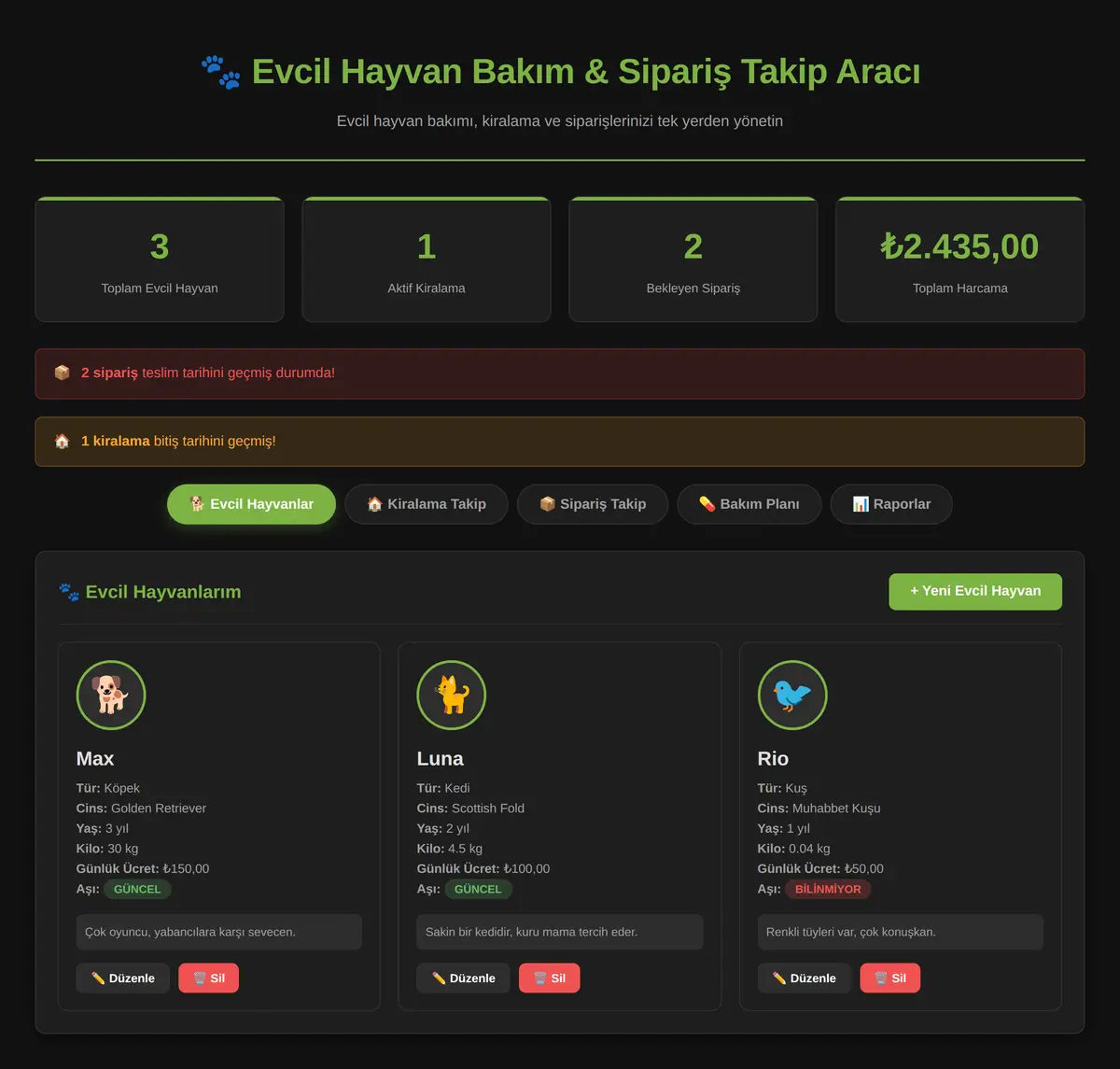 Evcil Hayvan Bakım & Sipariş Takip Aracı ekran görüntüsü 3