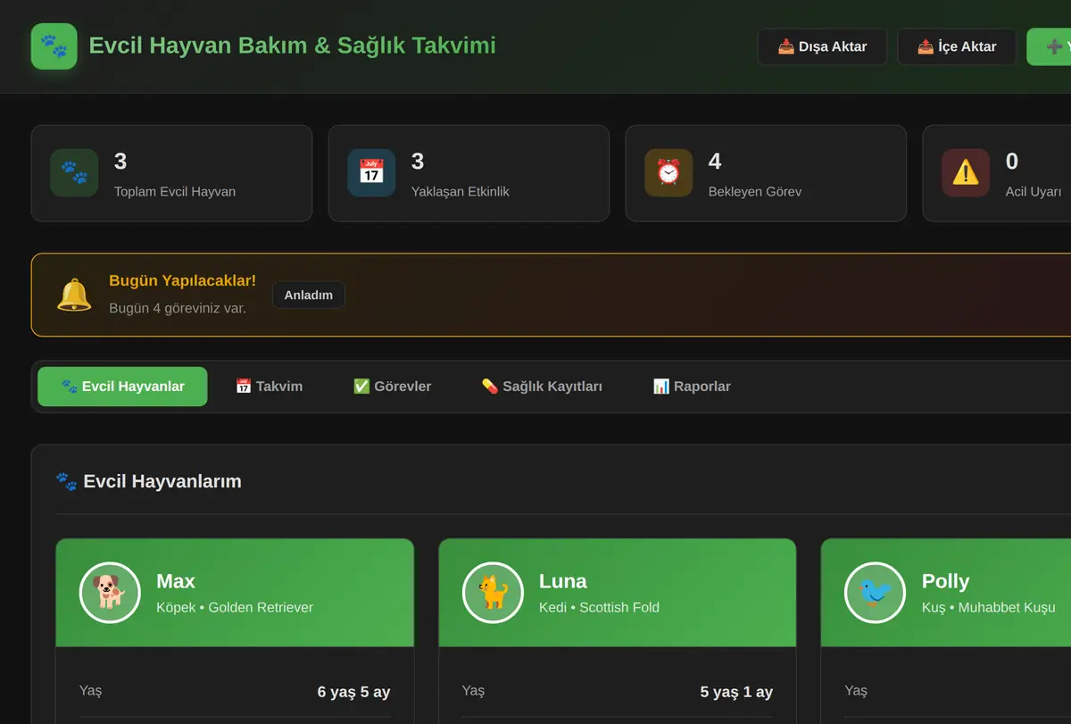 Evcil Hayvan Bakım & Sağlık Takvimi Oluşturucu ekran görüntüsü