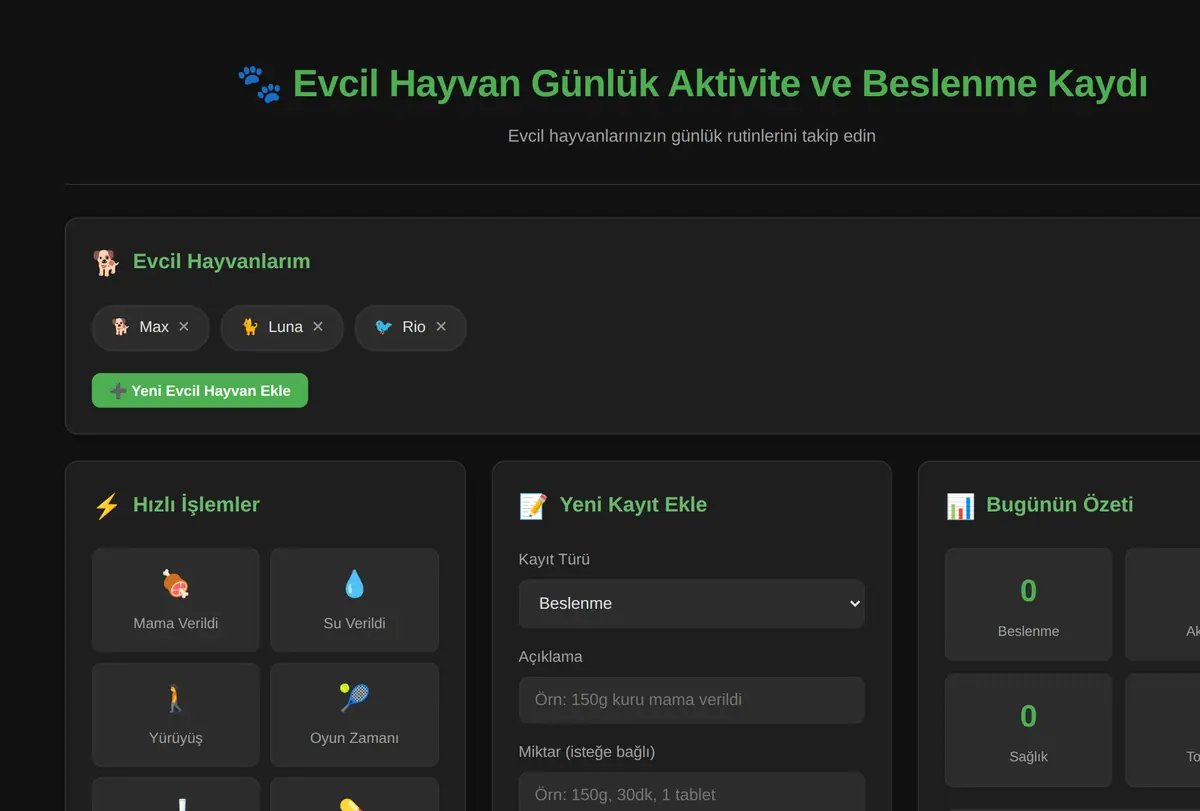 Evcil Hayvan Günlük Aktivite ve Beslenme Kaydı ekran görüntüsü