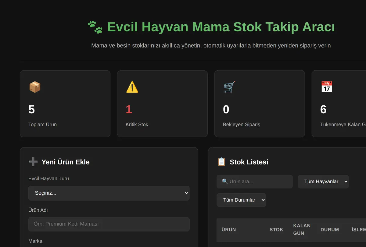Evcil Hayvan Mama Stok Takip Aracı ekran görüntüsü