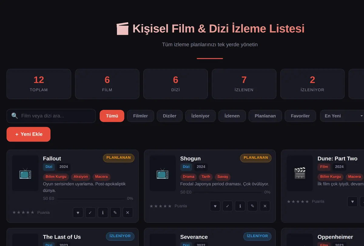 Kişisel Film & Dizi İzleme Listesi Oluşturucu ekran görüntüsü