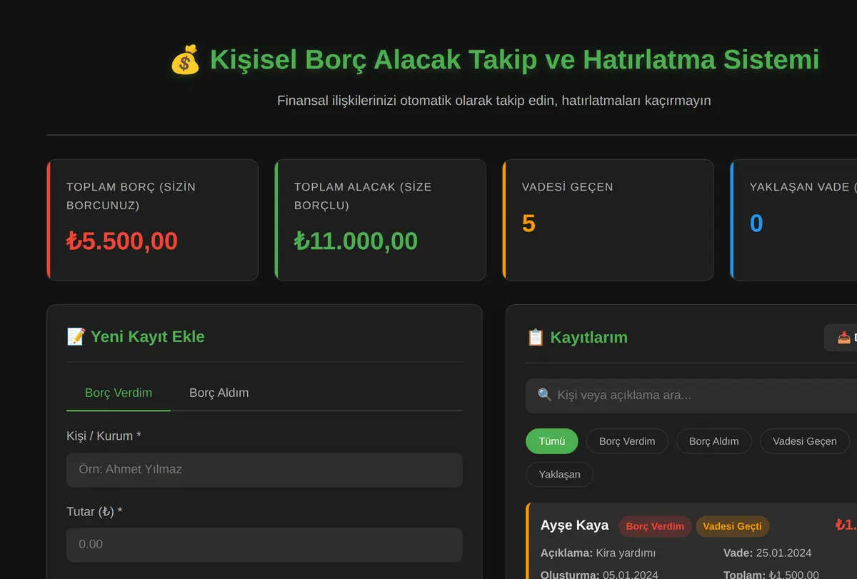Kişisel Borç Alacak Takip ve Hatırlatma Sistemi ekran görüntüsü