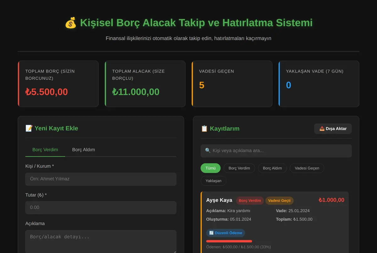 Kişisel Borç Alacak Takip ve Hatırlatma Sistemi ekran görüntüsü 2
