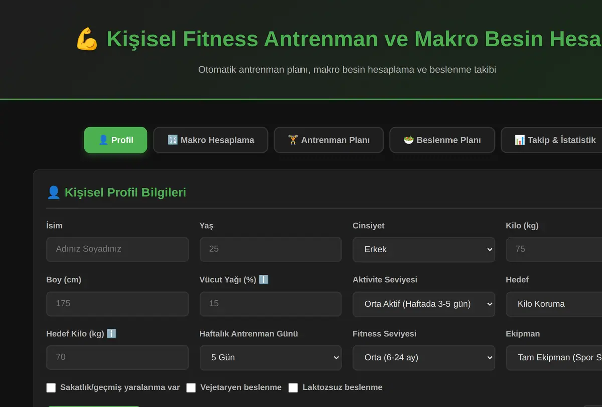 Kişisel Fitness Antrenman ve Makro Besin Hesapl ekran görüntüsü