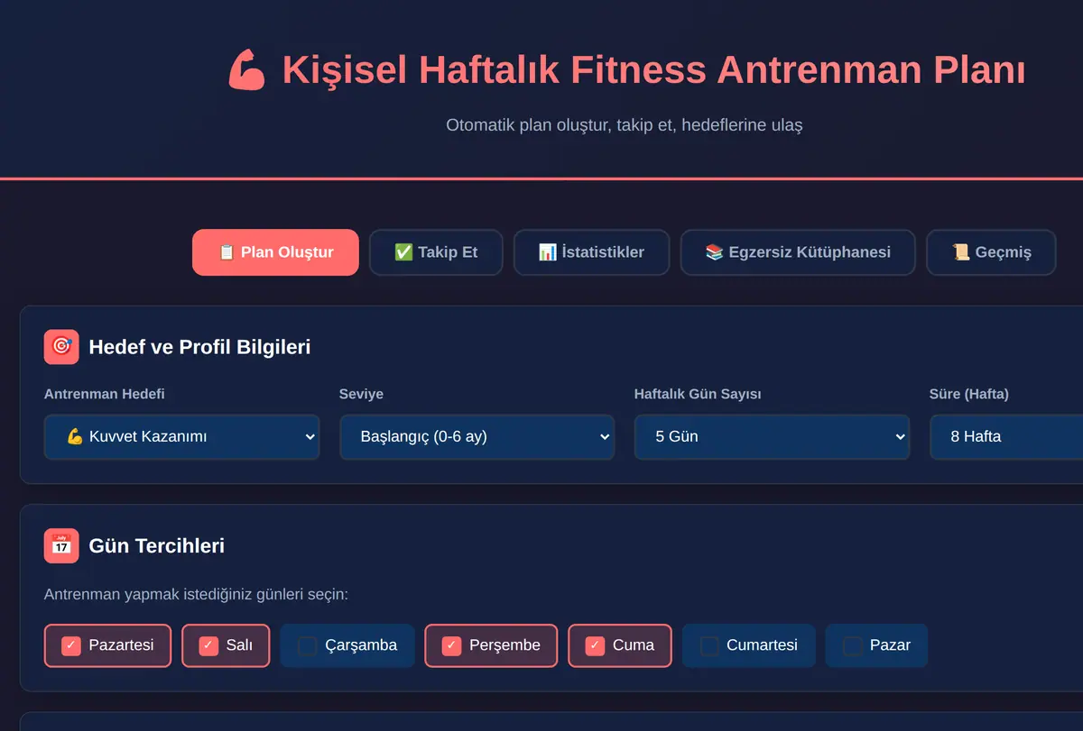 Kişisel Haftalık Fitness Antrenman Planı Oluşturucu ekran görüntüsü