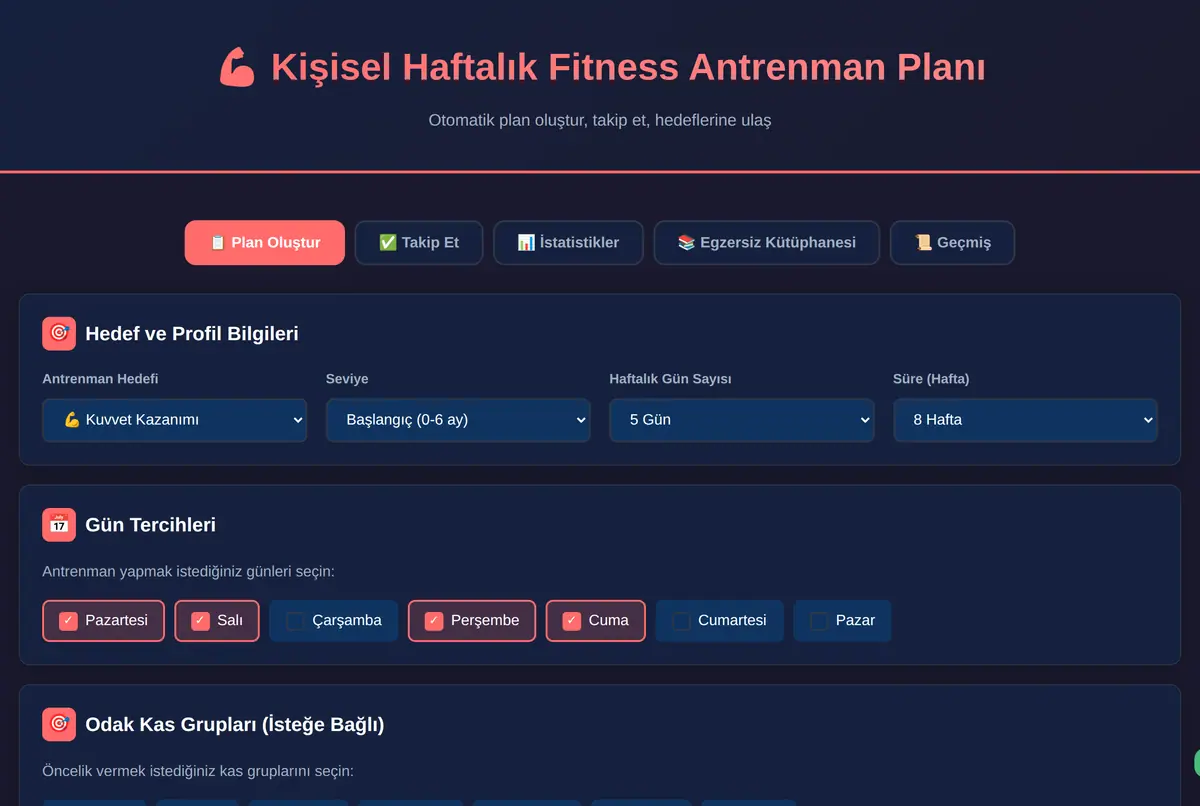 Kişisel Haftalık Fitness Antrenman Planı Oluşturucu ekran görüntüsü 2