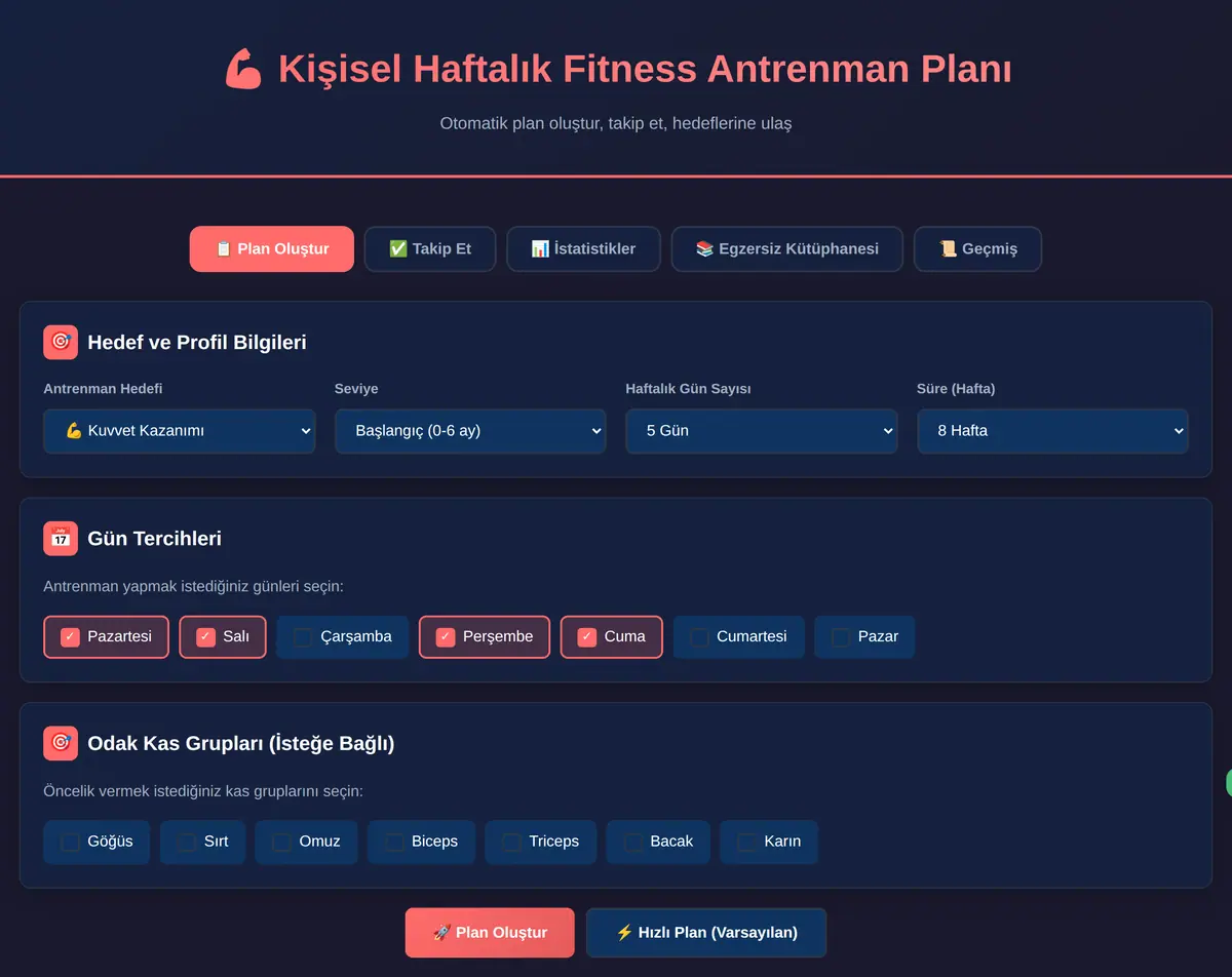 Kişisel Haftalık Fitness Antrenman Planı Oluşturucu ekran görüntüsü 3