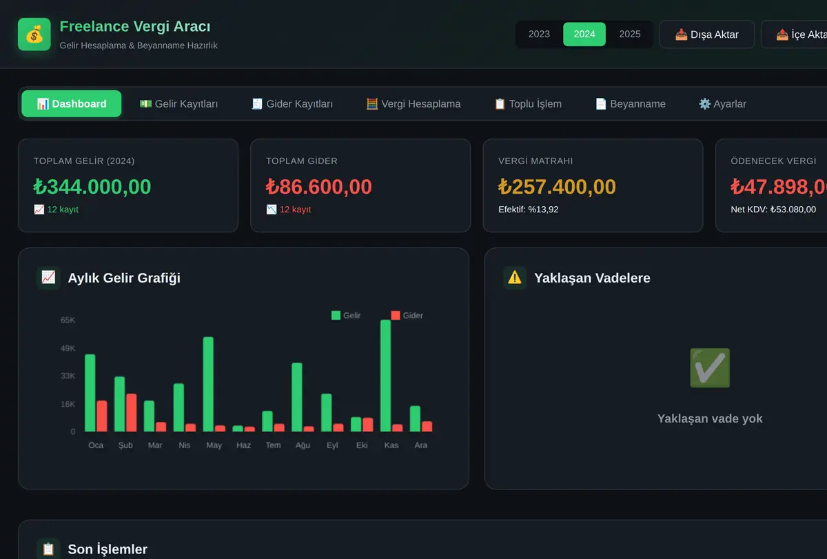 Freelance Gelir Vergi Hesaplama ve Beyanname Aracı ekran görüntüsü