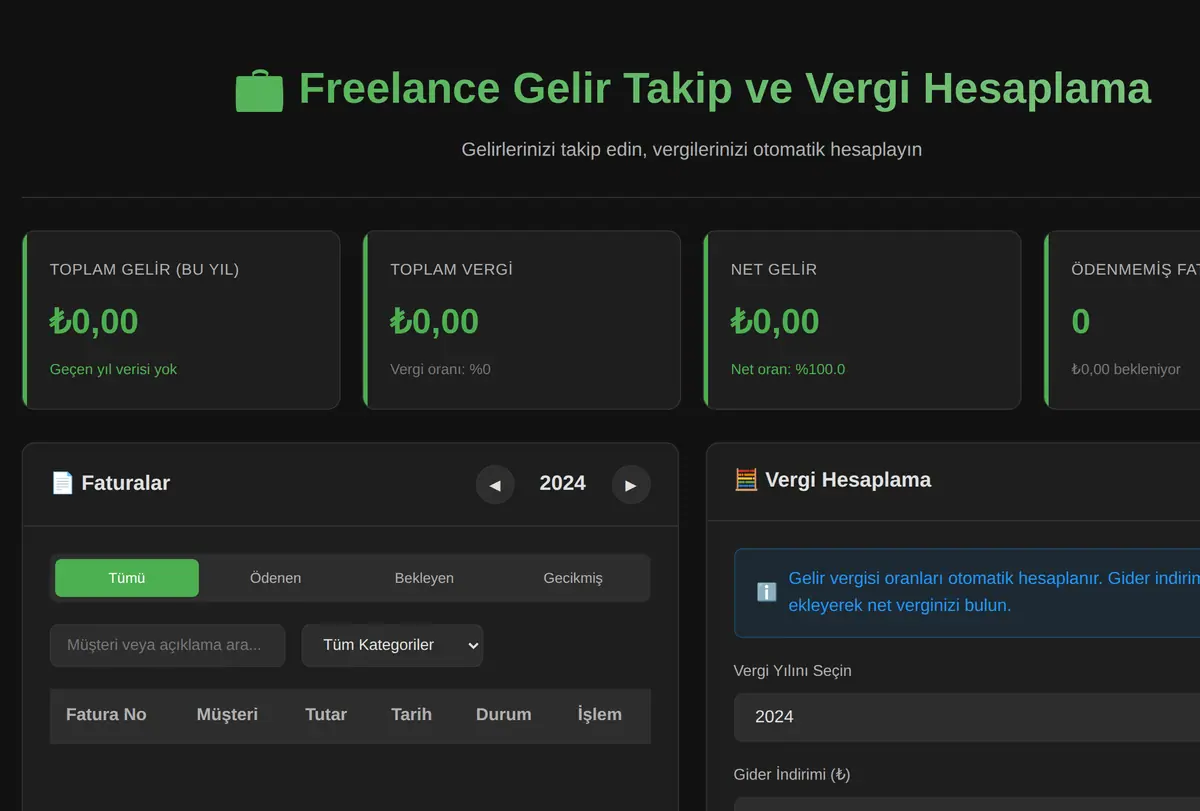 Freelance Gelir Takip ve Vergi Hesaplama Aracı ekran görüntüsü