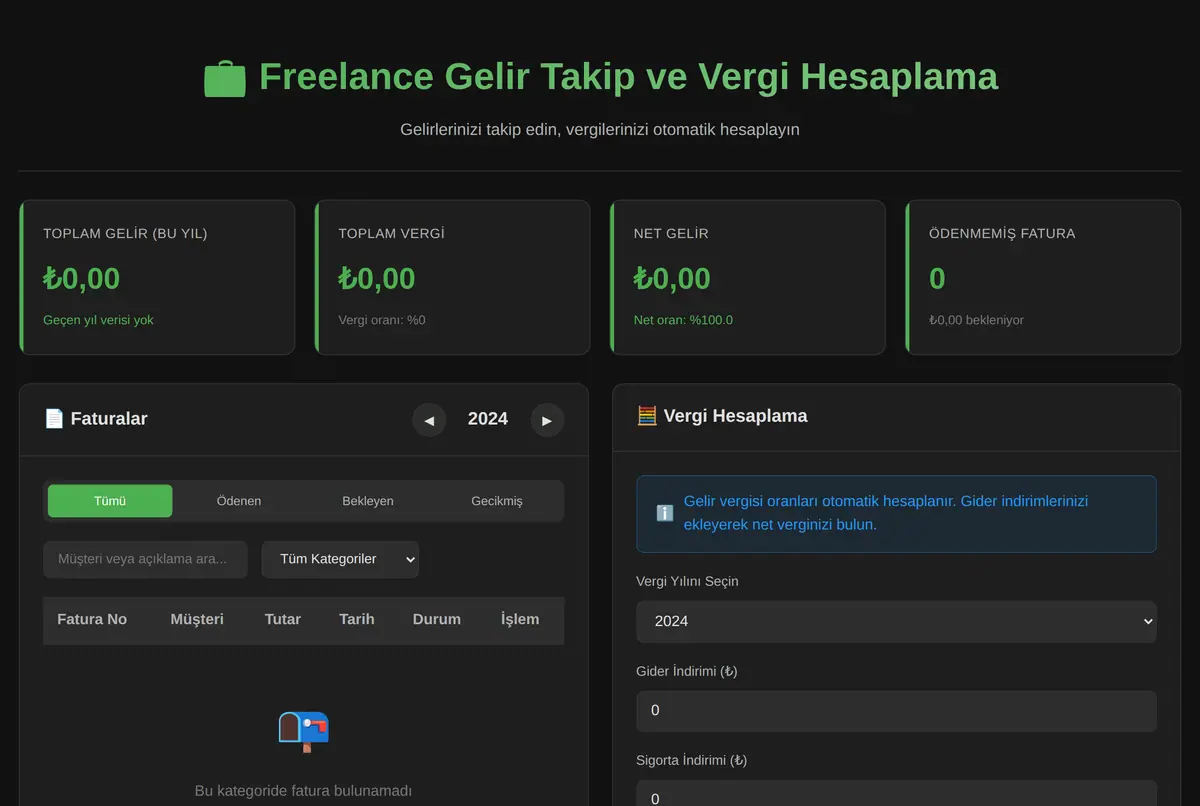 Freelance Gelir Takip ve Vergi Hesaplama Aracı ekran görüntüsü 2