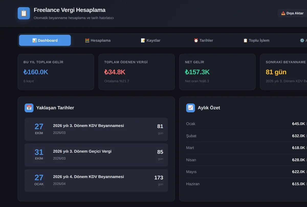Freelance Vergi Hesaplama ve Tarih Hatırlatıcı ekran görüntüsü
