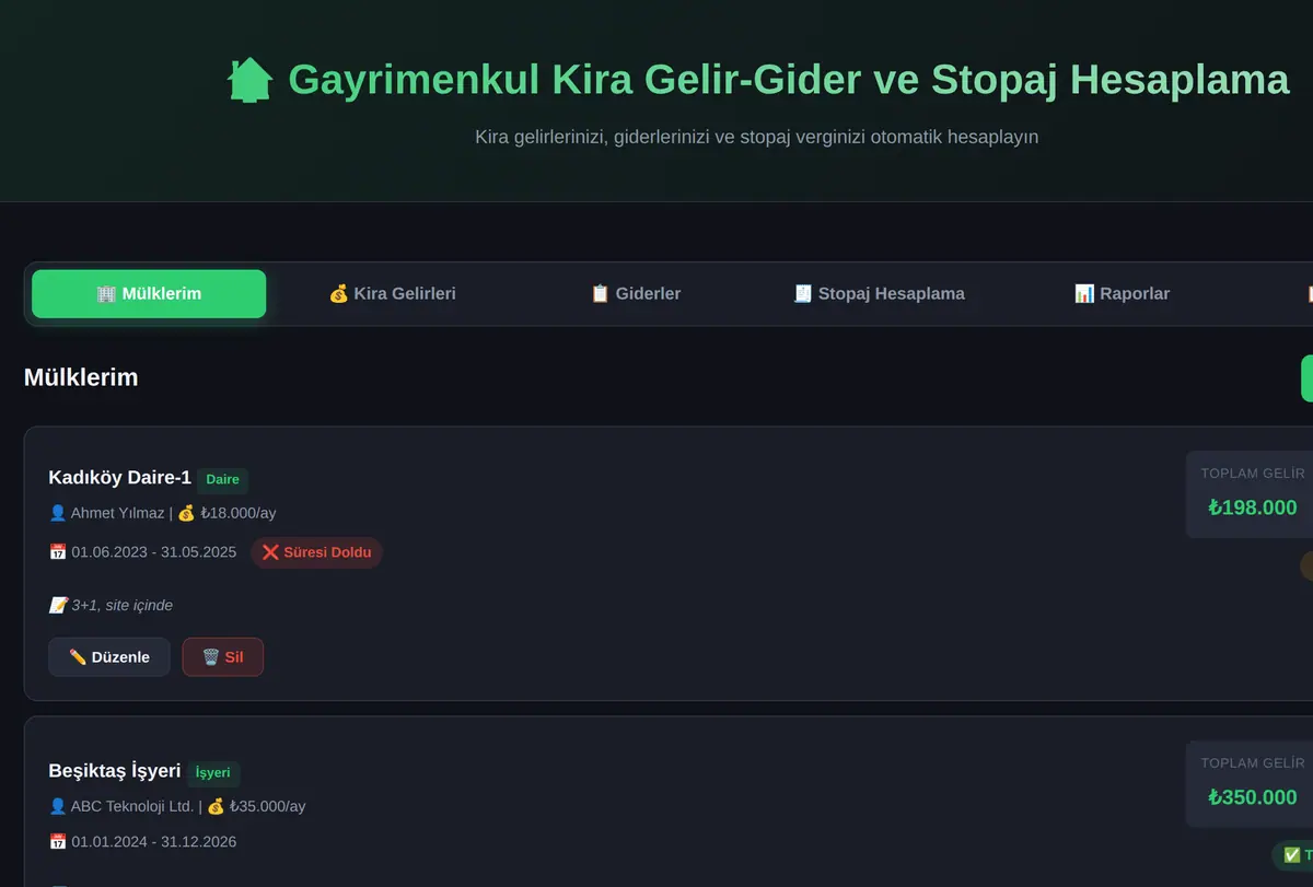 Gayrimenkul Kira Gelir-Gider ve Stopaj Hesaplama ekran görüntüsü