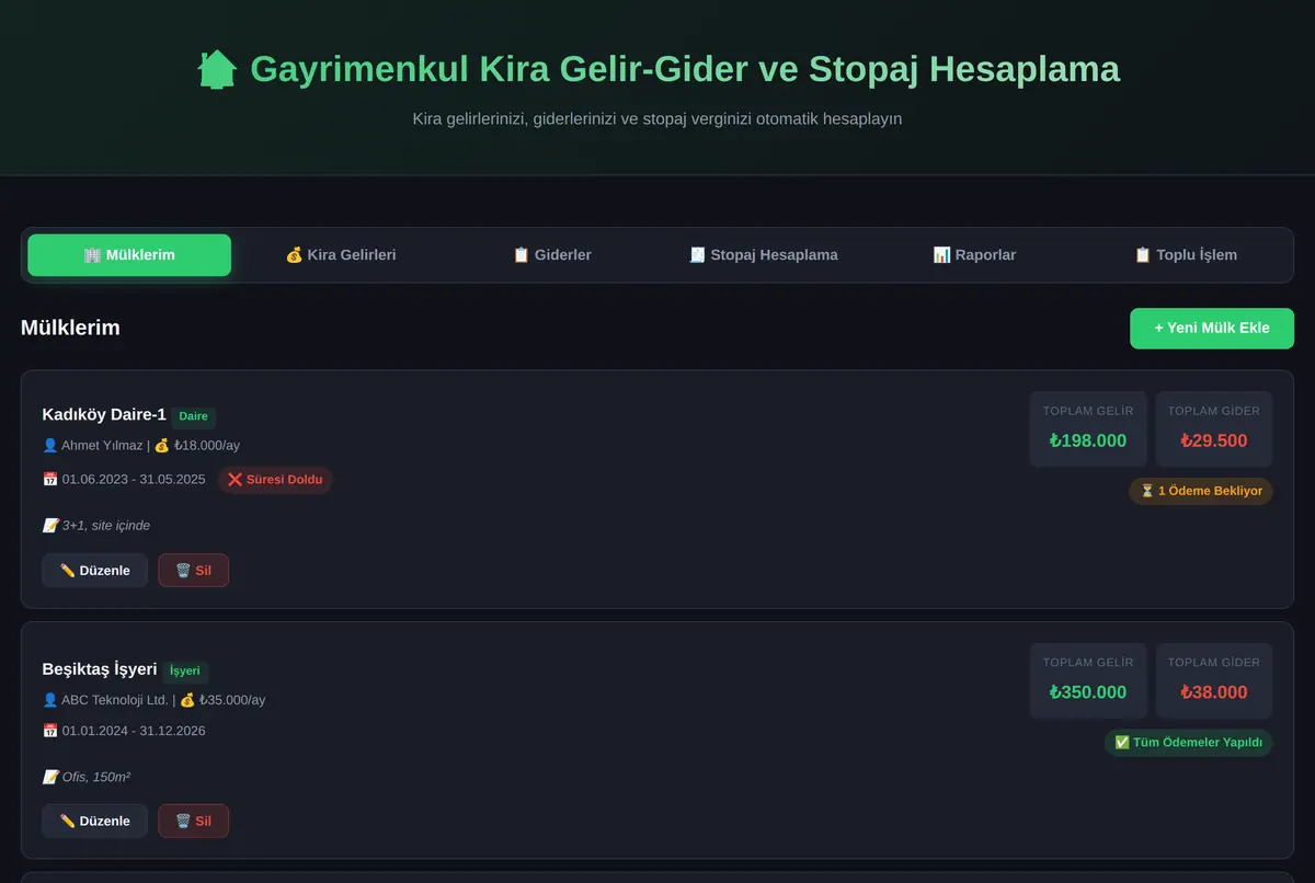 Gayrimenkul Kira Gelir-Gider ve Stopaj Hesaplama ekran görüntüsü 2