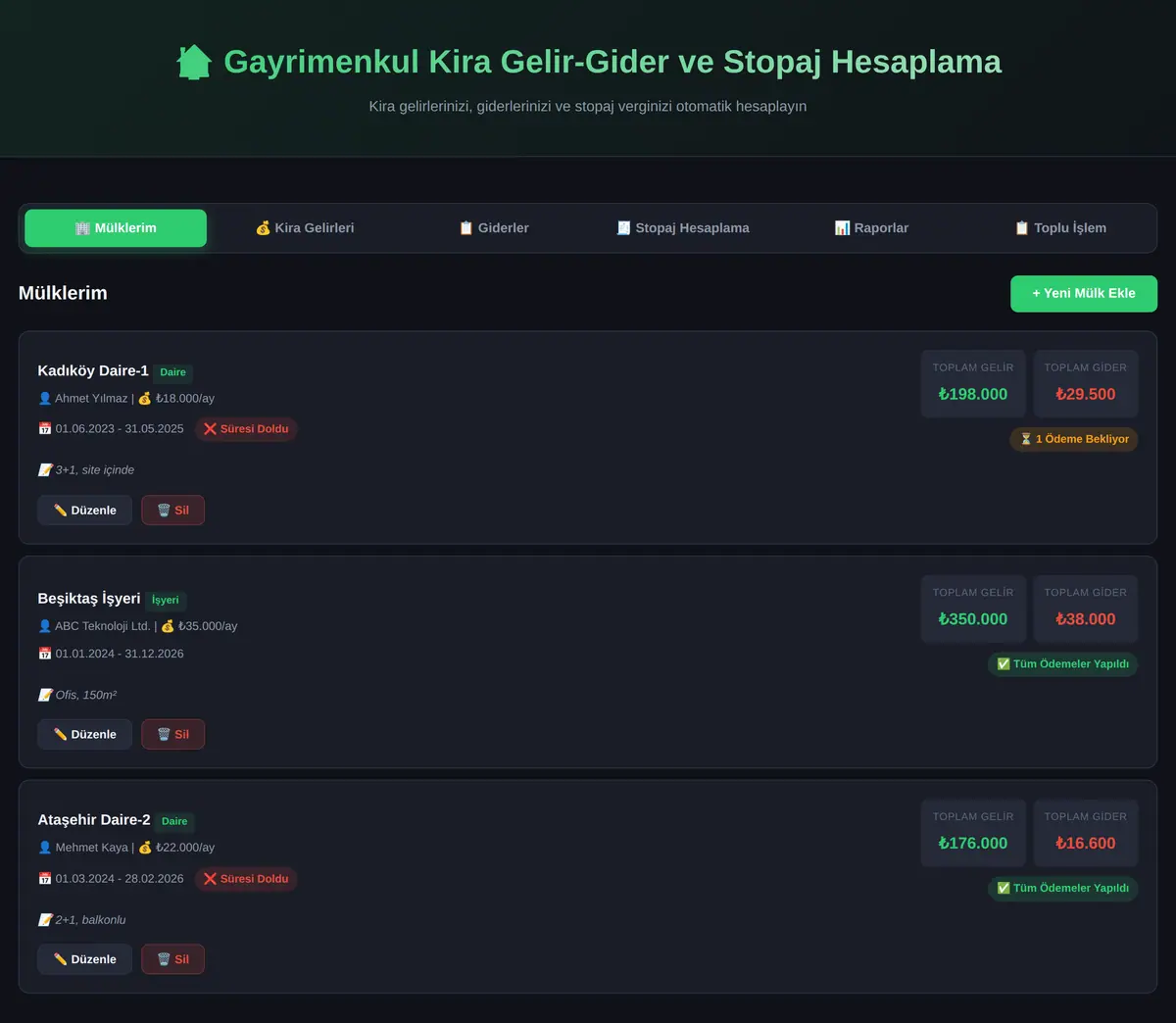 Gayrimenkul Kira Gelir-Gider ve Stopaj Hesaplama ekran görüntüsü 3
