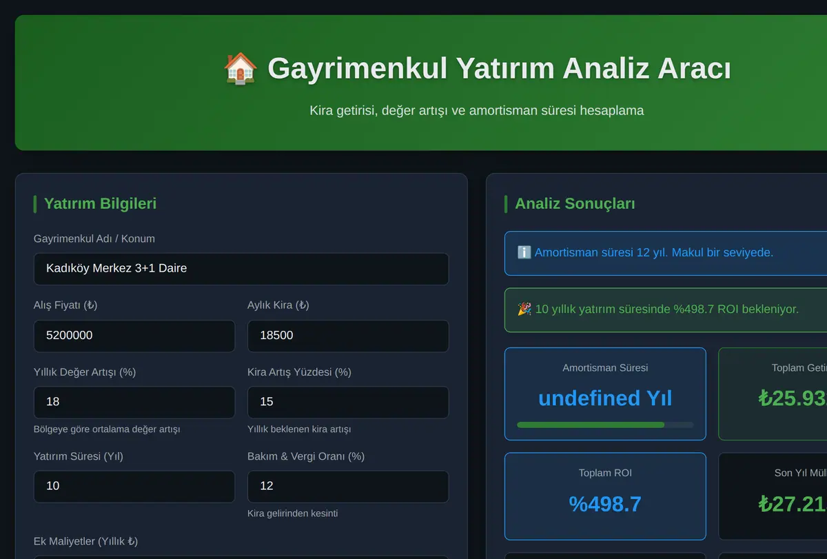 Gayrimenkul Yatırım Analiz Aracı ekran görüntüsü