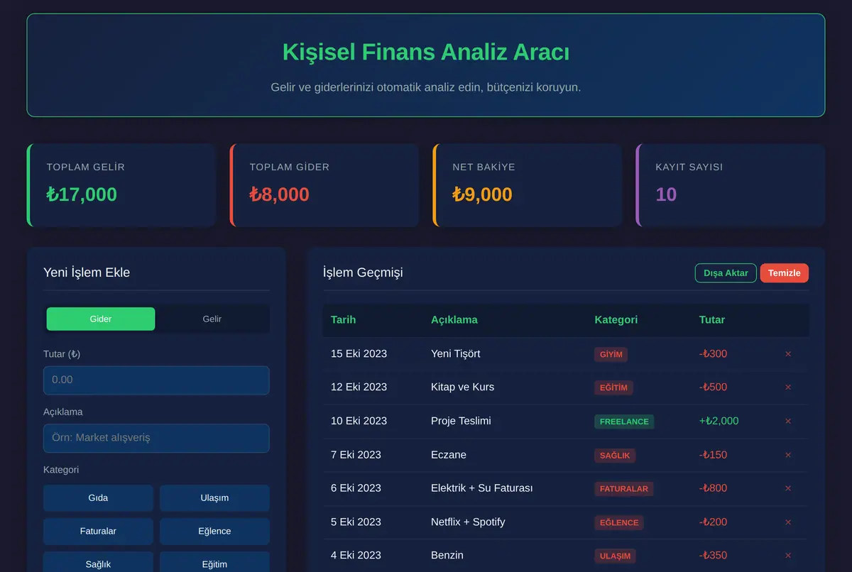 Kişisel Finans Analiz Aracı - Bütçe Takip ve Rapor ekran görüntüsü 2