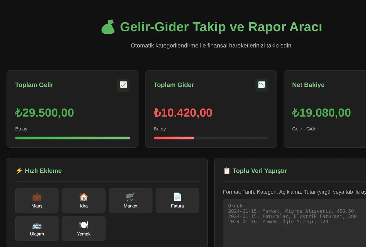 Gelir-Gider Takip ve Rapor Aracı ekran görüntüsü