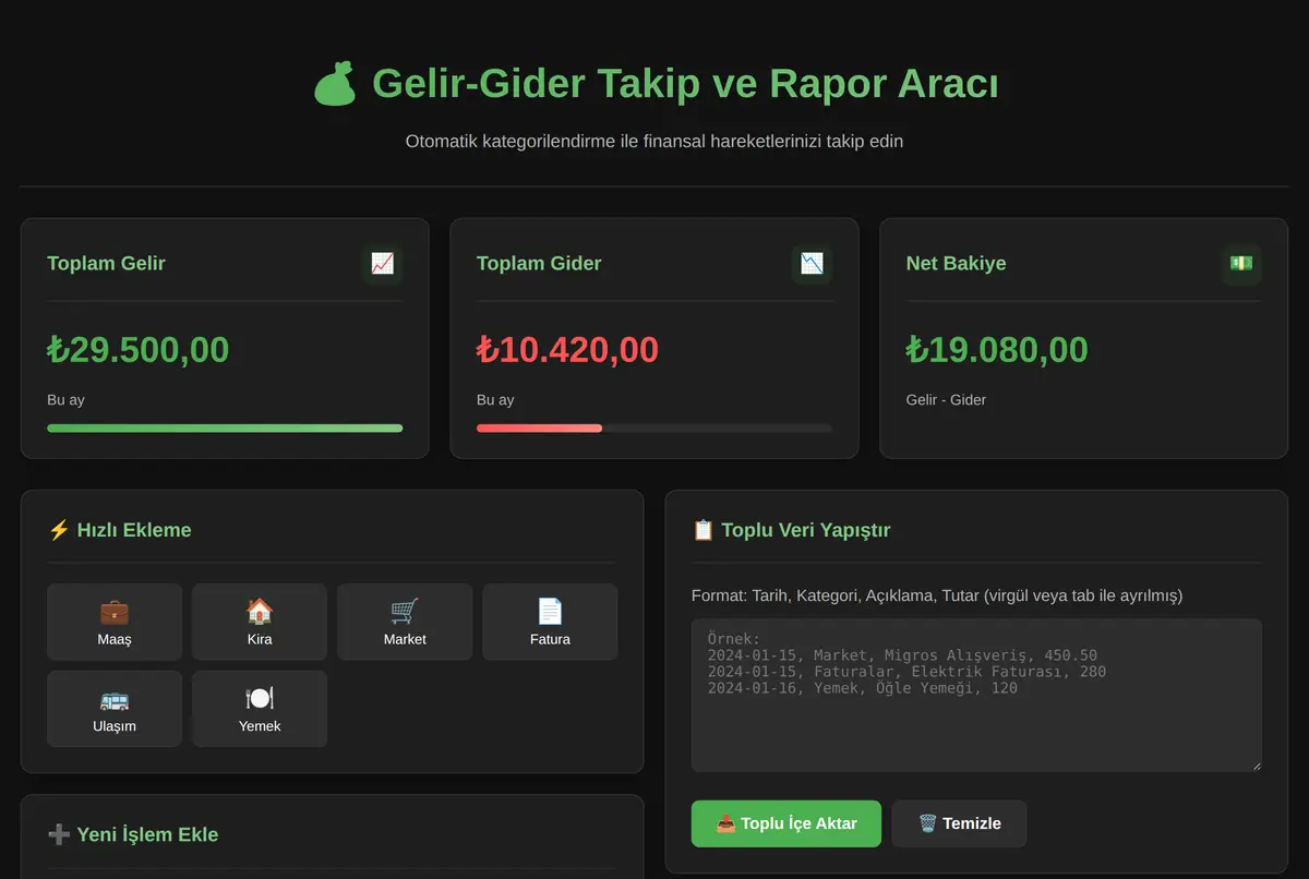 Gelir-Gider Takip ve Rapor Aracı ekran görüntüsü 2
