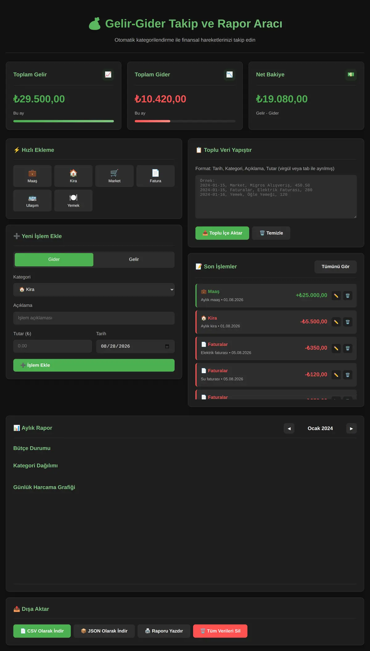 Gelir-Gider Takip ve Rapor Aracı ekran görüntüsü 3