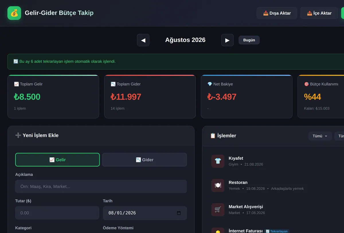 Gelir-Gider Bütçe Takip Aracı ekran görüntüsü