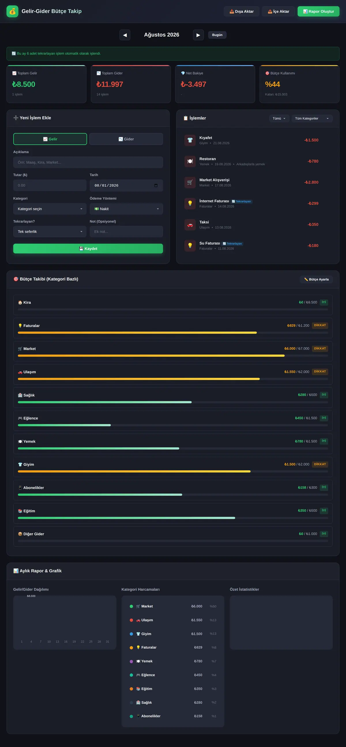 Gelir-Gider Bütçe Takip Aracı ekran görüntüsü 3