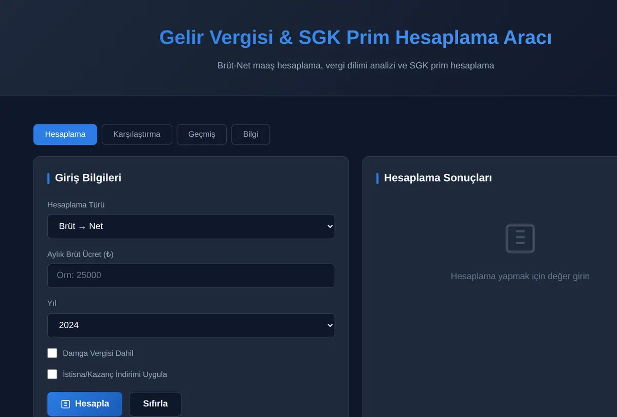 Gelir Vergisi & SGK Prim Hesaplama Aracı ekran görüntüsü