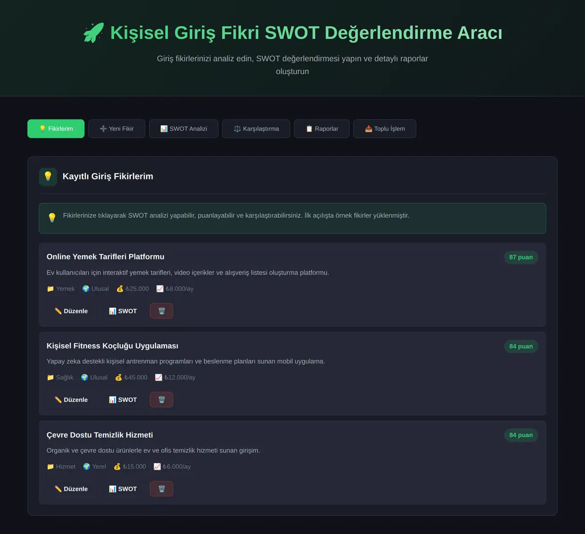 Kişisel Giriş Fikri SWOT Değerlendirme Aracı ekran görüntüsü 3