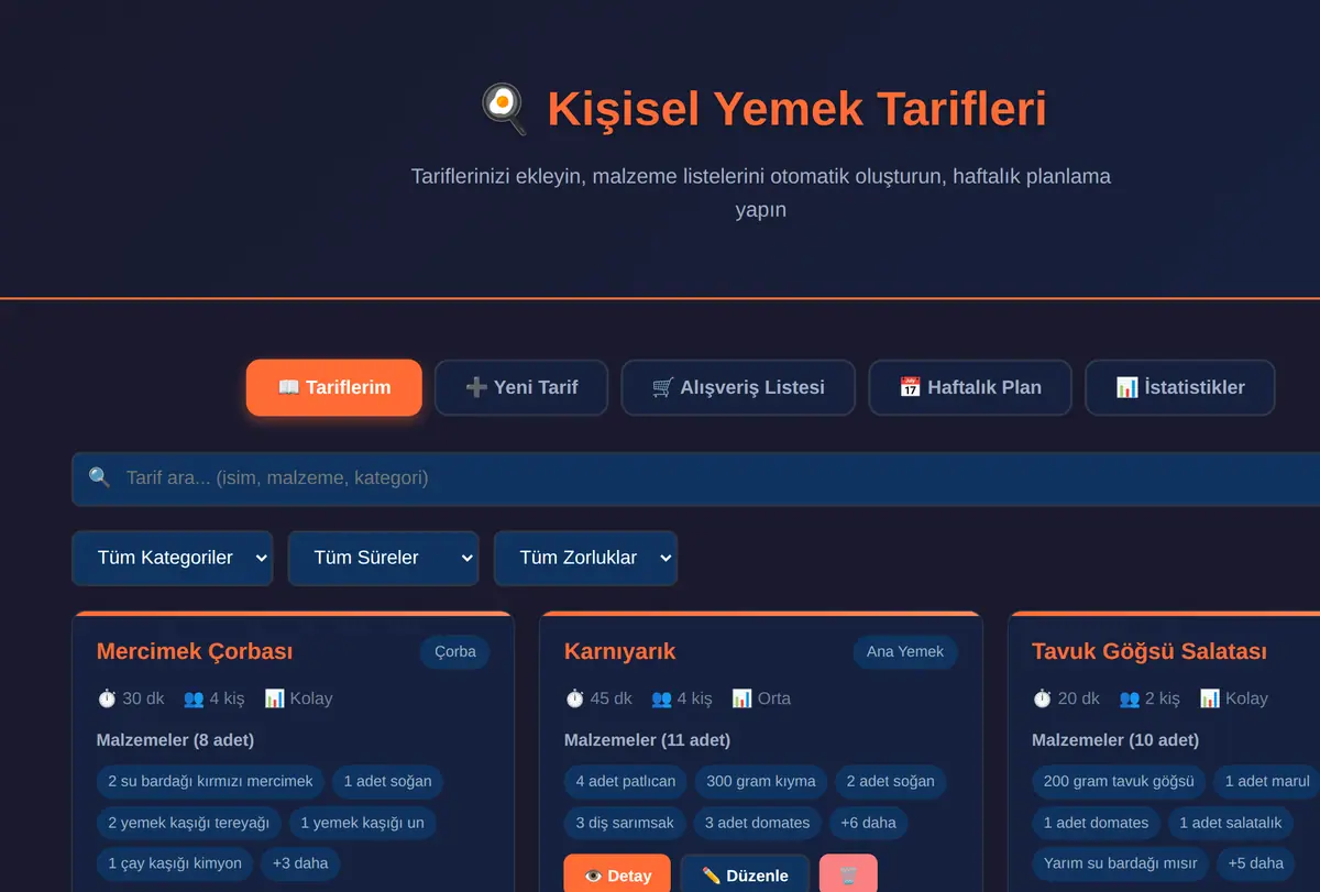 Kişisel Yemek Tarifleri ve Malzeme Listesi Oluşturucu ekran görüntüsü