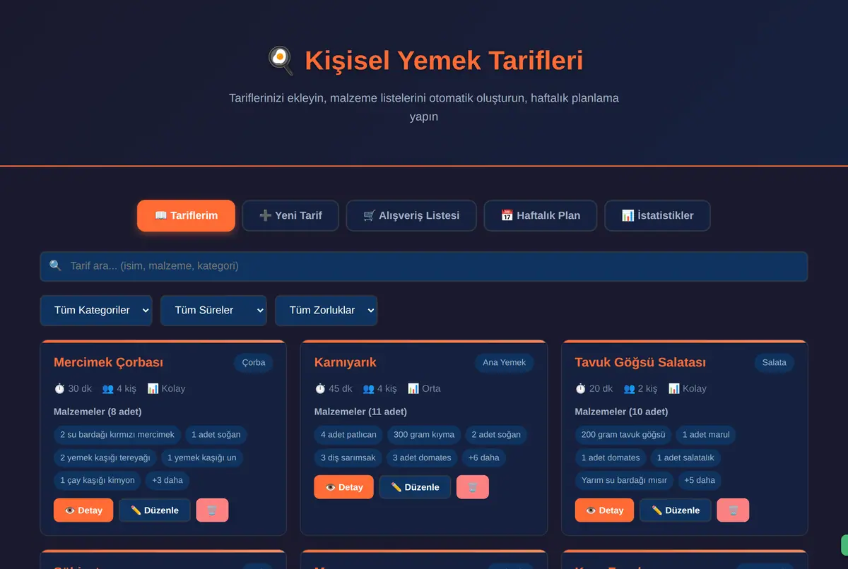 Kişisel Yemek Tarifleri ve Malzeme Listesi Oluşturucu ekran görüntüsü 2
