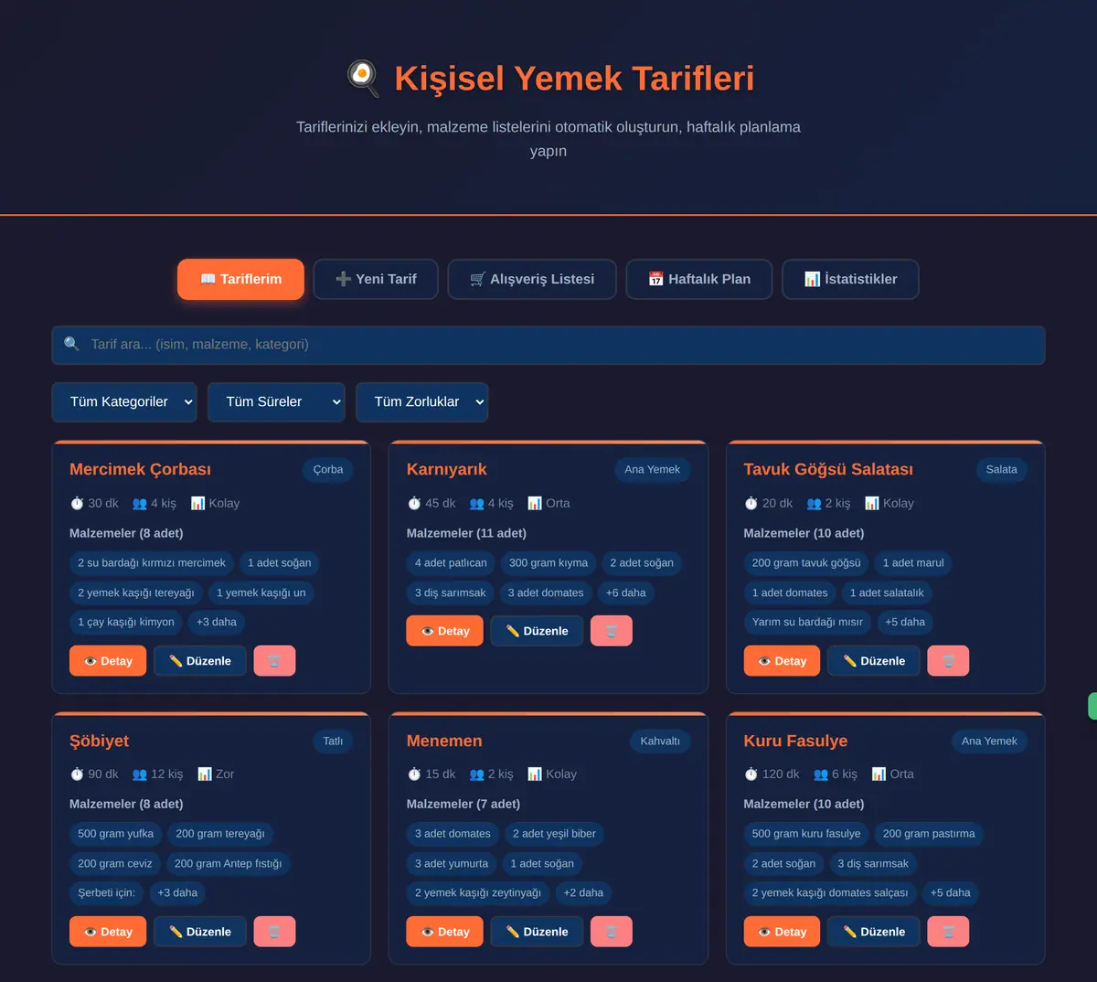 Kişisel Yemek Tarifleri ve Malzeme Listesi Oluşturucu ekran görüntüsü 3