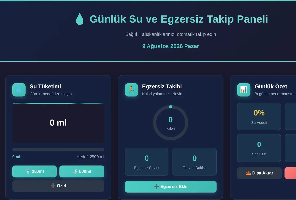 Günlük Su ve Egzersiz Takip Paneli ekran görüntüsü